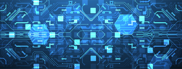 Abstract circuit board and hexagons on gradient color background. Hi-tech digital technology concept.