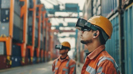 Design a scene of augmented reality (AR) applications aiding in cargo handling, with workers using AR glasses to receive real-time information overlays 