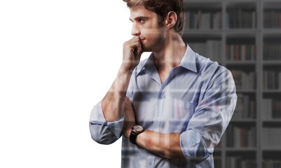 Silhouette of sad thinking man at library background