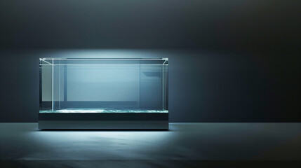 Obraz premium A transparent glass display case or aquarium stands empty in a dark room, illuminated by subtle lighting from above, creating a sleek and modern appearance.