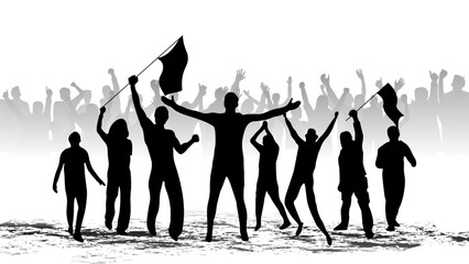 Obraz premium The silhouette represents the joy of victory or the protest of a group of people