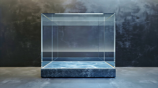 A minimalist glass display case on a marble pedestal against a dark background, ideal for exhibiting luxury items or artworks.