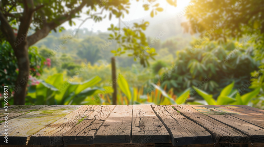 Poster Rustic wooden table in the foreground with a blurred, lush garden background illuminated by warm sunlight, creating a serene and natural scene.