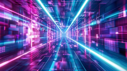 Abstract perspective of a corridor under purple and blue neon glow, focus on depth, concept of virtual exploration, dynamic, Composite, digital maze backdrop