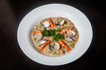 Traditional Portuguese seafood dish, açorda de marisco, served in a rustic bowl, showcasing a flavorful blend of seafood, bread, and aromatic spices.
