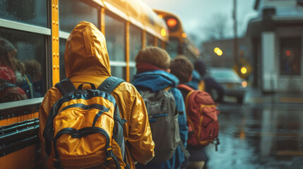 Fototapeta premium a group of kids getting on a school bus after classes