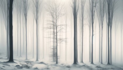 Misty Forest with Tall Trees in Winter, Nature Landscape