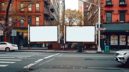 Urban street scene featuring two large blank billboards placed in front of a residential building with parked cars and a crosswalk.