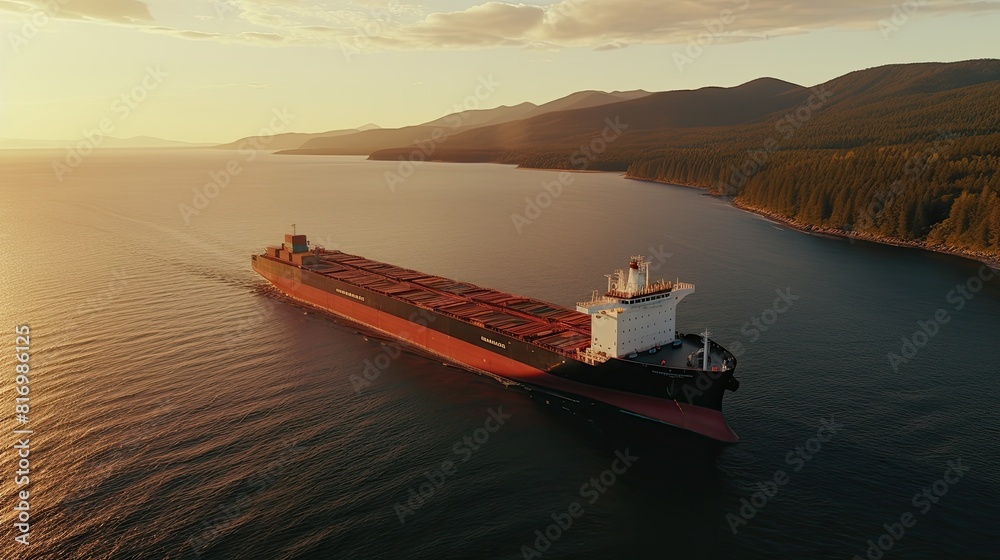 Wall mural Aerial top view of cargo ship in sea.