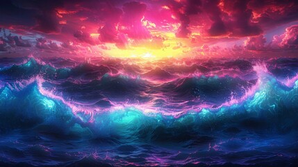 Fototapeta premium Digital art moon with the scenery digital art colorful sky view, concept of fantasy of silhouette two people with aurora view in the sky 