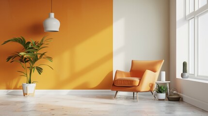 Cozy living room with orange accent wall, modern furniture, and natural light in a bright, inviting space. Perfect for home decor and lifestyle themes.