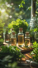 A perfumer s lab with coriander essential oil bottles and fragrant notes, illustrating the creative process behind crafting perfumes