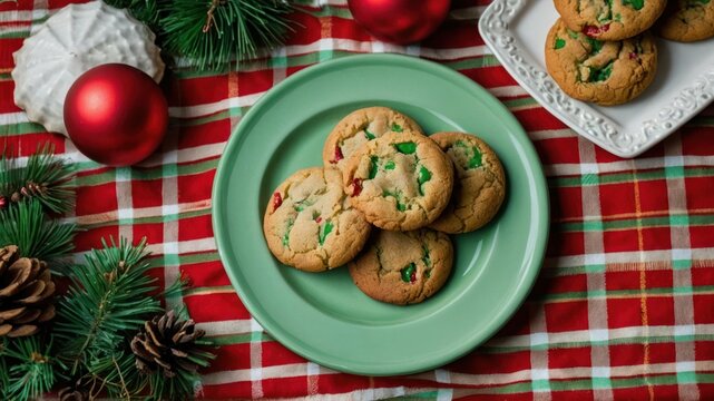 A plate of freshly baked red and green cookies surrounded by festive holiday decor