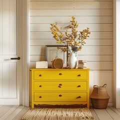 Minimalistic hallway with yellow chest of drawers, wooden floor, and natural light in a clean, bright interior. Ideal for home decor and lifestyle themes.