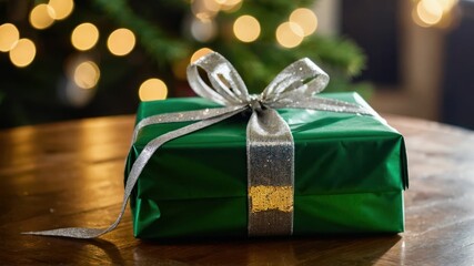 Green and gold wrapped gifts by a decorated Christmas tree, perfect for festive holiday designs and...