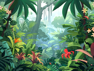 Vibrant Lush Rainforest Illustration: Dense Tropical Foliage with Ferns, Palm Trees, Bright Flowers, Misty Background - Immersive Jungle Scene in Soft Diffused Light - Perfect for Nature and Wildlife