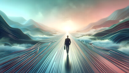 concept of a businessman on a long journey towards a shimmering goal. The scene is designed with soft pastel colors to evoke a sense of calm and determination.