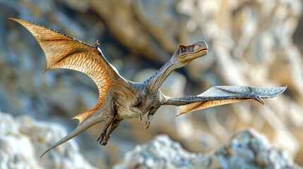 Detailed illustration of a pterodactyl in flight with open wings, capturing the texture of its leathery wings and elongated beak. Background features a blurred rocky landscape. Dynamic and realistic.