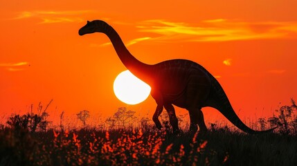 Brachiosaurus walking in sunset field. Tall dinosaur in orange sky. Silhouette view. Tall grasses, ancient setting. Peaceful, majestic atmosphere. Prehistoric wildlife scene.