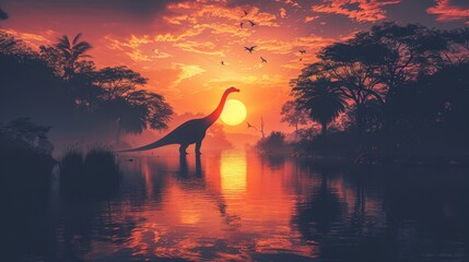 Brachiosaurus in sunset by water. Silhouette against colorful sky, reflected in water. Misty, prehistoric setting. Tall trees, flying pterosaurs. Tranquil, serene atmosphere.