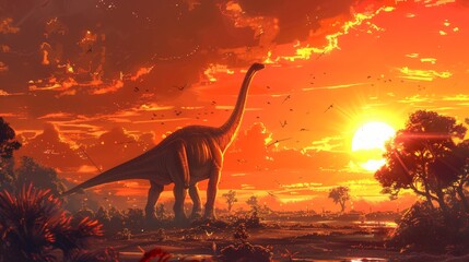 Brachiosaurus under vibrant sunset sky. Long neck dinosaur with towering silhouette against colorful sunset. Trees, birds in background. Prehistoric era setting. Majestic, calm scene.