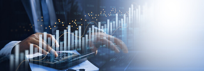 Financial business accounting and banking.Growing virtual hologram of statistics, graph and chart....