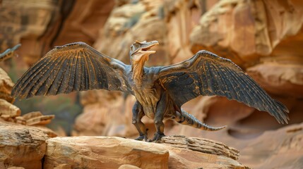 Pterodactyl with wings spread wide, perched on rocky terrain. Black and orange coloration highlights leathery texture and sharp beak. Background features rugged rocks and desert environment.