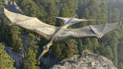 Pterodactyl gliding over dense forest, showcasing its large wingspan and streamlined body. Green forested background contrasts with pale, leathery skin. Captures prehistoric creature in flight.
