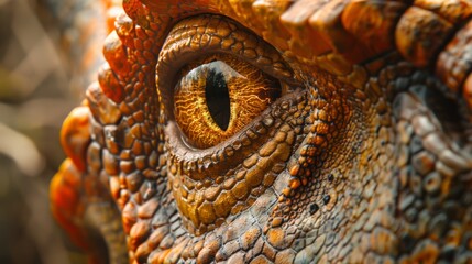 Close-up of Tyrannosaurus Rex eye. Detailed view of orange, reptilian eye with intricate scales surrounding. Captures intensity and detail of prehistoric predator. Vibrant, realistic texture.