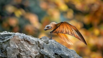 Small pterodactyl perched on rocky outcrop with wings partially open, ready to take flight. Warm orange and brown tones highlight its detailed features. Background features blurred autumn foliage...