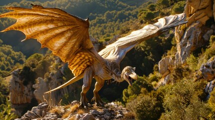Pterodactyl standing on rocky ledge with wings spread, overlooking forested landscape during sunset. Golden hues detailed features and textured skin. features lush green forest and warm light..