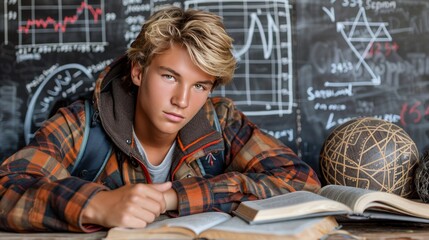 Financial literacy fusion  young man engrossed in book amidst stock market graphs double exposure