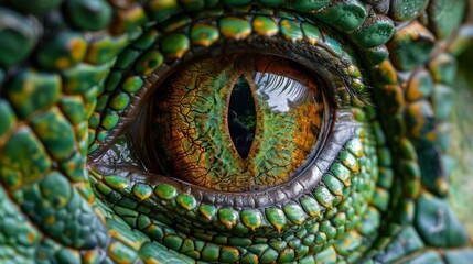 Close-up of Tyrannosaurus Rex eye. Green, scaly texture with intricate details. Sharp focus on vibrant, prehistoric eye. Captures fierce, lifelike intensity of ancient predator.
