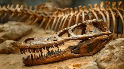 Close-up of Spinosaurus skeleton in museum. Detailed view of fossilized skull and teeth with blurred skeleton in background. Captures ancient, prehistoric era. Realistic, educational scene.
