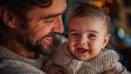 A father's pure delight as he tickles his baby's belly, peals of infant laughter filling the room
