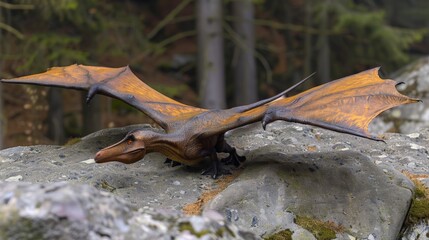 Pterodactyl with dark orange wings crouching on rocky ground, ready to launch into flight. Detailed texture and colors its prehistoric nature. Background features forested environment, adding depth.