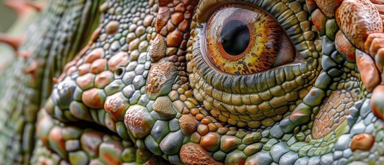 Close-up of Tyrannosaurus Rex eye. Detailed green and orange scales, sharp focus on eye. Captures fierce, ancient predator in lifelike realism. Intricate, textured detail...