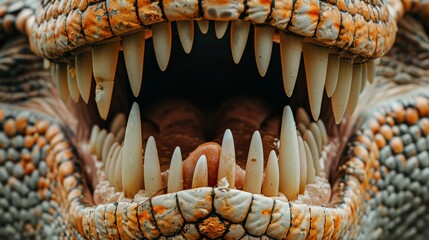 Close-up of Ankylosaurus teeth. Detailed view of sharp, jagged teeth with textured scales surrounding. Captures ferocity and realism of prehistoric predator. Intense, lifelike detail.