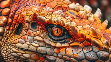 Close-up of Ankylosaurus eye. Vibrant, textured orange and yellow scales surrounding reptilian eye. Detailed, intricate patterns capturing lifelike realism of prehistoric creature. Intense,  .
