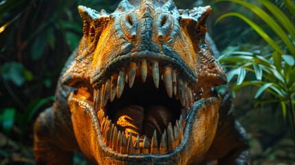 Close-up of Spinosaurus roaring with wide open jaws. Detailed view of sharp teeth and reptilian texture. Captures fierce, lifelike intensity of prehistoric predator. Dramatic, powerful scene.