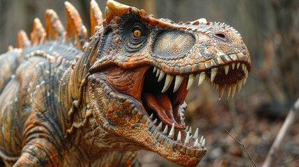 Close-up of Spinosaurus head with wide open jaws. Sharp teeth and detailed reptilian scales. Captures ferocity and realism of prehistoric predator. Intense, lifelike scene.