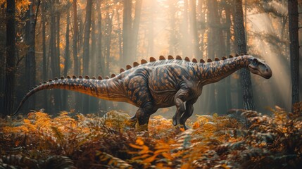 Diplodocus standing in autumn forest surrounded by ferns and orange foliage. Long-necked dinosaur with detailed skin patterns. Sunlight creating warm and mystical ambiance.