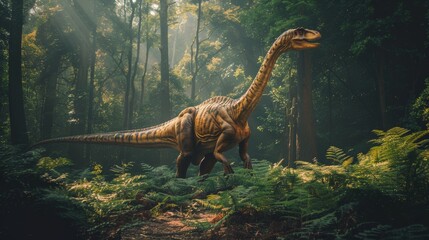 Diplodocus walking through dense, shadowy forest with sunlight peeking through. Majestic dinosaur with long neck and intricate skin details. Prehistoric landscape with mystical ambiance.