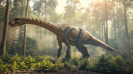 Diplodocus in dense forest with morning sunlight breaking through trees. Majestic dinosaur with elongated neck and detailed texture. Misty, serene environment evoking ancient times.