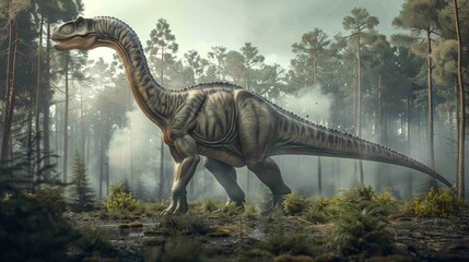 Diplodocus in misty forest with tall trees. Long-necked dinosaur with detailed skin texture. Sunlight breaking through fog creating mysterious, tranquil prehistoric scene.