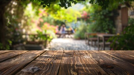 Fototapeta premium A rustic wooden table on a serene outdoor patio, 