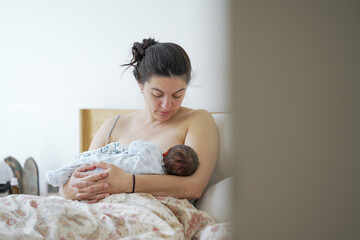 Mother breastfeeding her newborn baby in a peaceful home setting, capturing the intimate and...