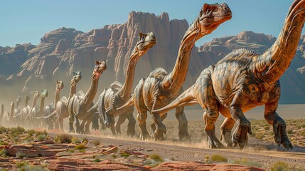 Diplodocus herd walking through desert landscape with rocky formations. Long-necked dinosaurs with detailed skin patterns. Prehistoric scene under clear blue sky, full of life and movement.