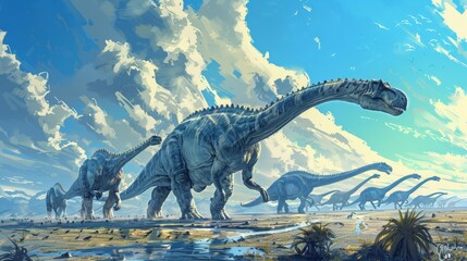 Diplodocus herd walking through wide open landscape with blue sky and clouds. Long-necked dinosaurs with detailed skin textures. Prehistoric scene showcasing ancient wildlife and natural beauty.