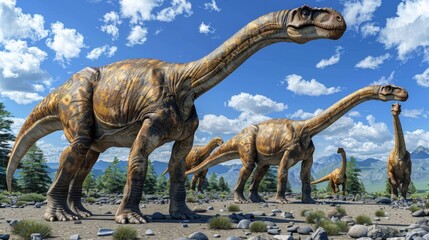 Diplodocus herd walking through rocky landscape under blue sky with clouds. Long-necked dinosaurs with detailed skin patterns. Prehistoric scene with mountains and greenery.